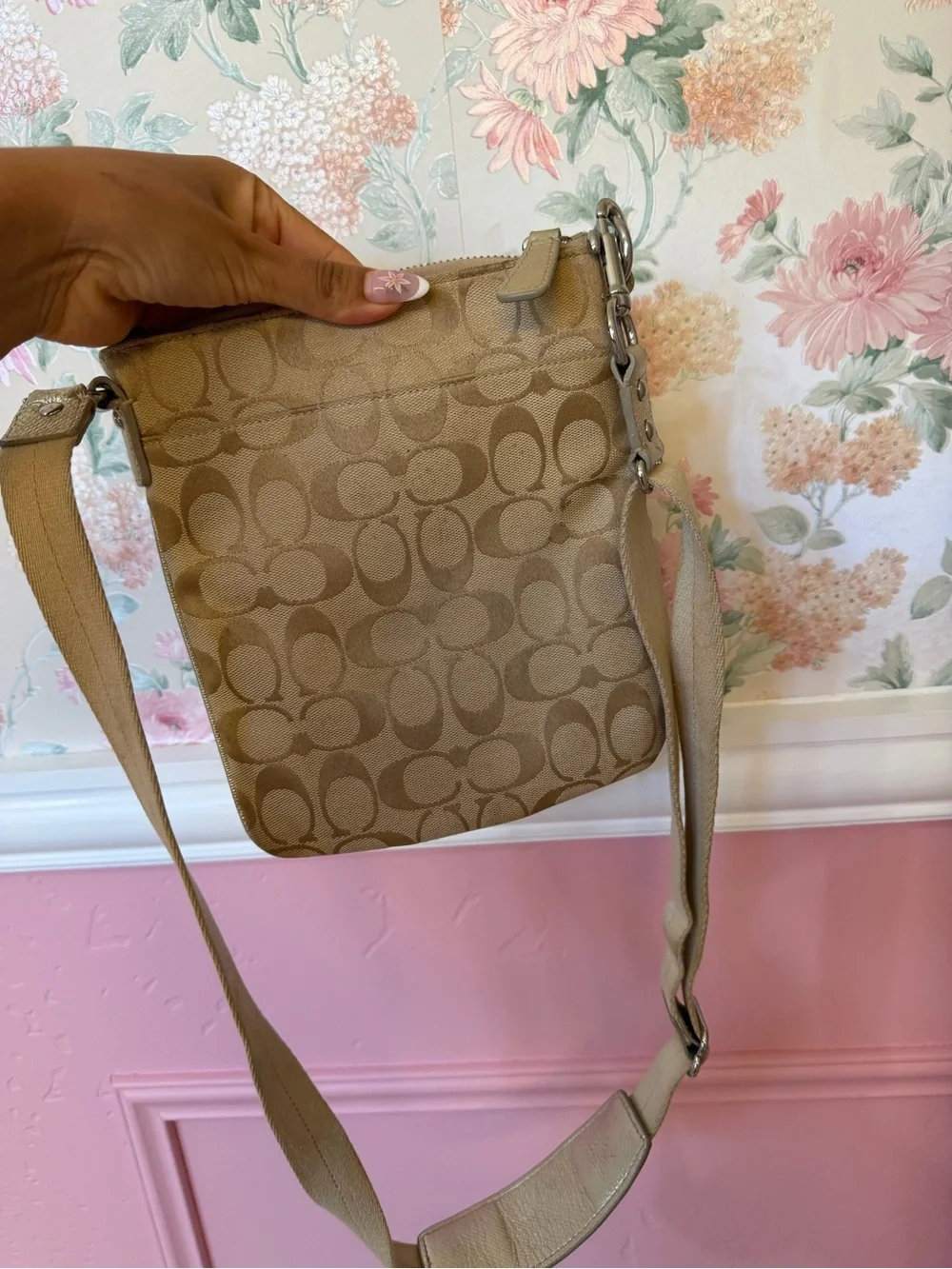 Y2k Coach Signature Jacquard Crossbody in Tan with Metallic Trim